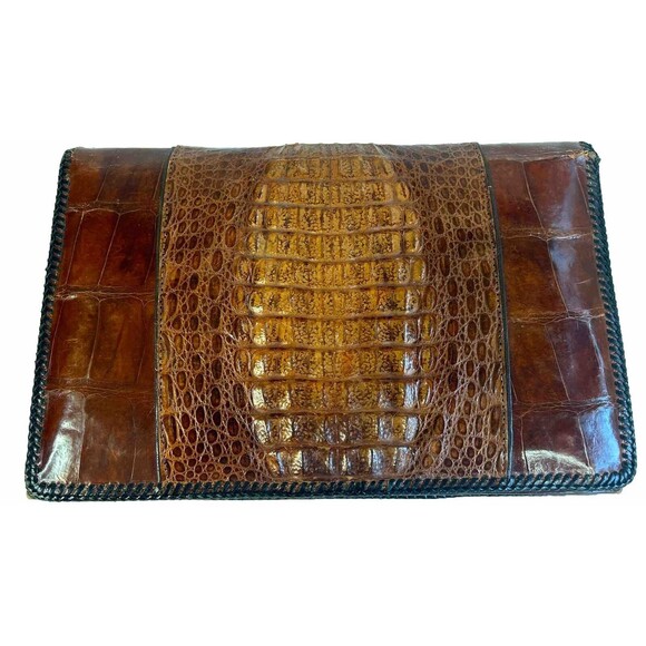 Vintage Whiskey Brown Genuine Crocodile Alligator Clutch Handbag Purse - Picture 1 of 15